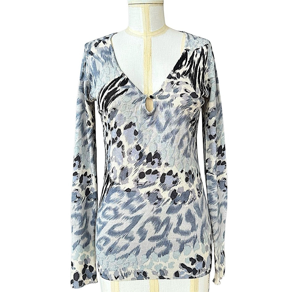 CHARLOTTE TARANTOLA Leopard Print Silk Cashmere Sweater Keyhole Front Medium